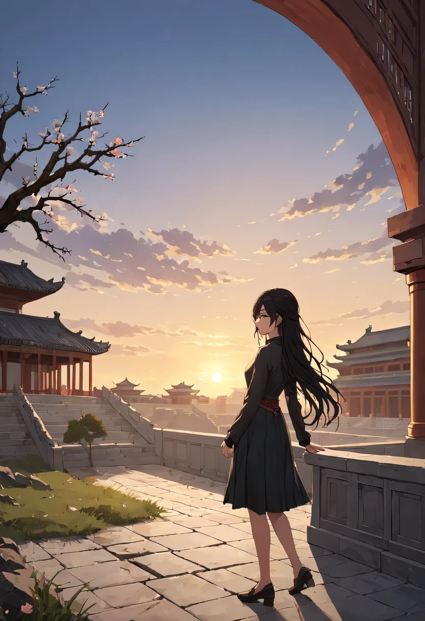 (best quality,4K,8k,high resolution,masterpiece:1.2),Super detailed,(actual,photoactual,photo-actual:1.37),portrait,Beautiful and delicate eyes,Beautiful and delicate lips,Extremely detailed eyes and face,long eyelashes,Styling poses,ancient city houses,flowing hair,Looking at the distant skyline,the setting sun illuminates the ancient the forbidden city,Create a beautiful scenery,The wind blows the girl&#39;s hair in the ancient city,the forbidden city,Sunset,sunset,Colorful clouds,falling petals,ancient city,Bare trees,mottled,an overgrown,quiet and desolate,contour,backlight,Contrast between light and shadow,haze,Cinema lighting,film grain
