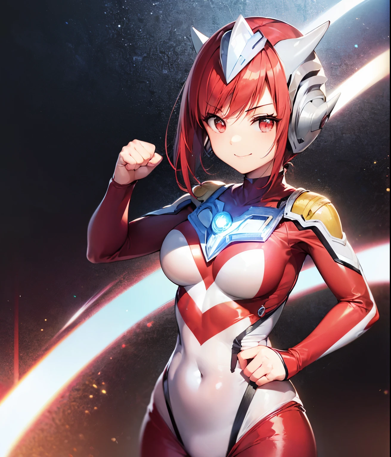 Highest image quality,8K beautiful detailed 1 young girl,(bright red hair:1.5),short bob,red eyes, (Ultra Girl :1.0), (silver and red ultraman bodysuit:1.4),big breasts,(Put your hands on your hips:1.2),(fist:1.2),smile,Upper body