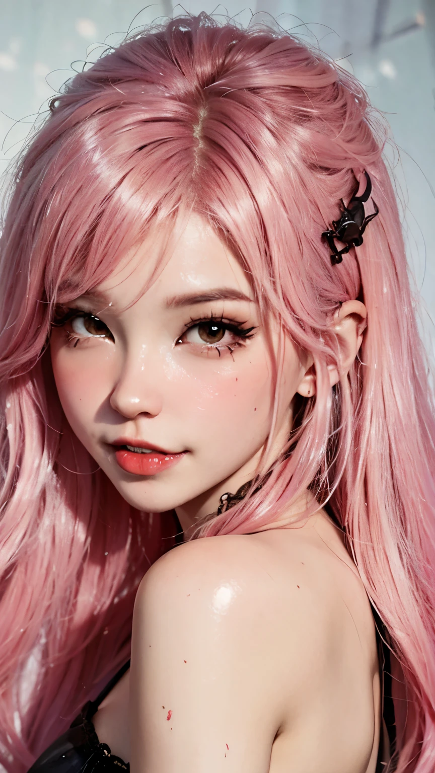 A close up of a woman with pink hair and a black dress - SeaArt AI