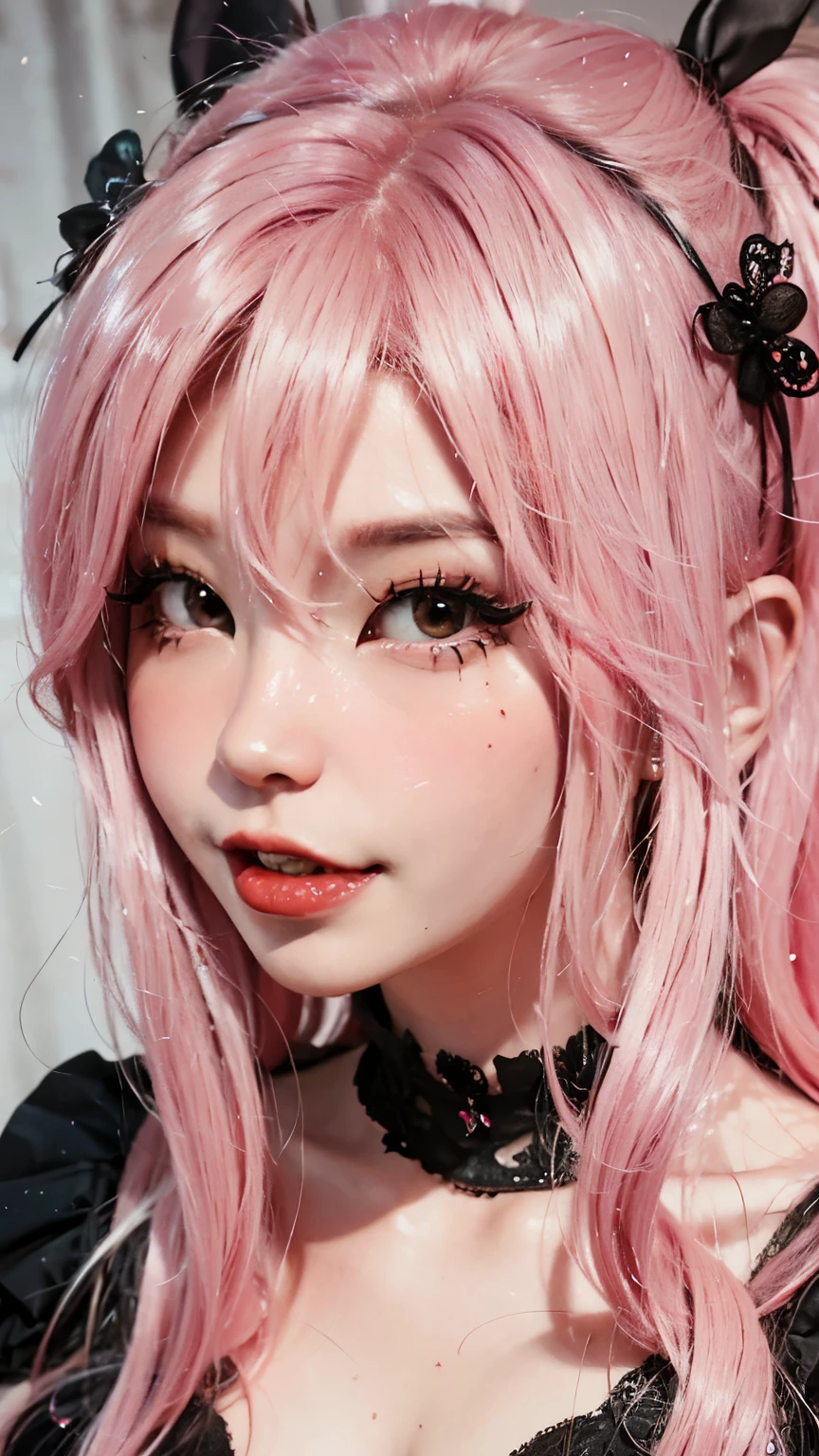 A close up of a woman with pink hair wearing a black dress - SeaArt AI