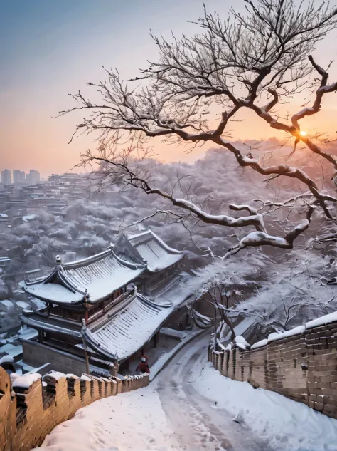 winter，Chinese ancient city，high-rise ancient building，Gorgeous，There is snow on the eaves，Stone road，（Sunset，Sunset），浓烈的a breat...