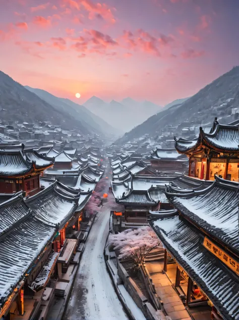 ancient chinese city in winter, there is a magnificent and tall ancient building complex. the roof is covered with layers of sno...