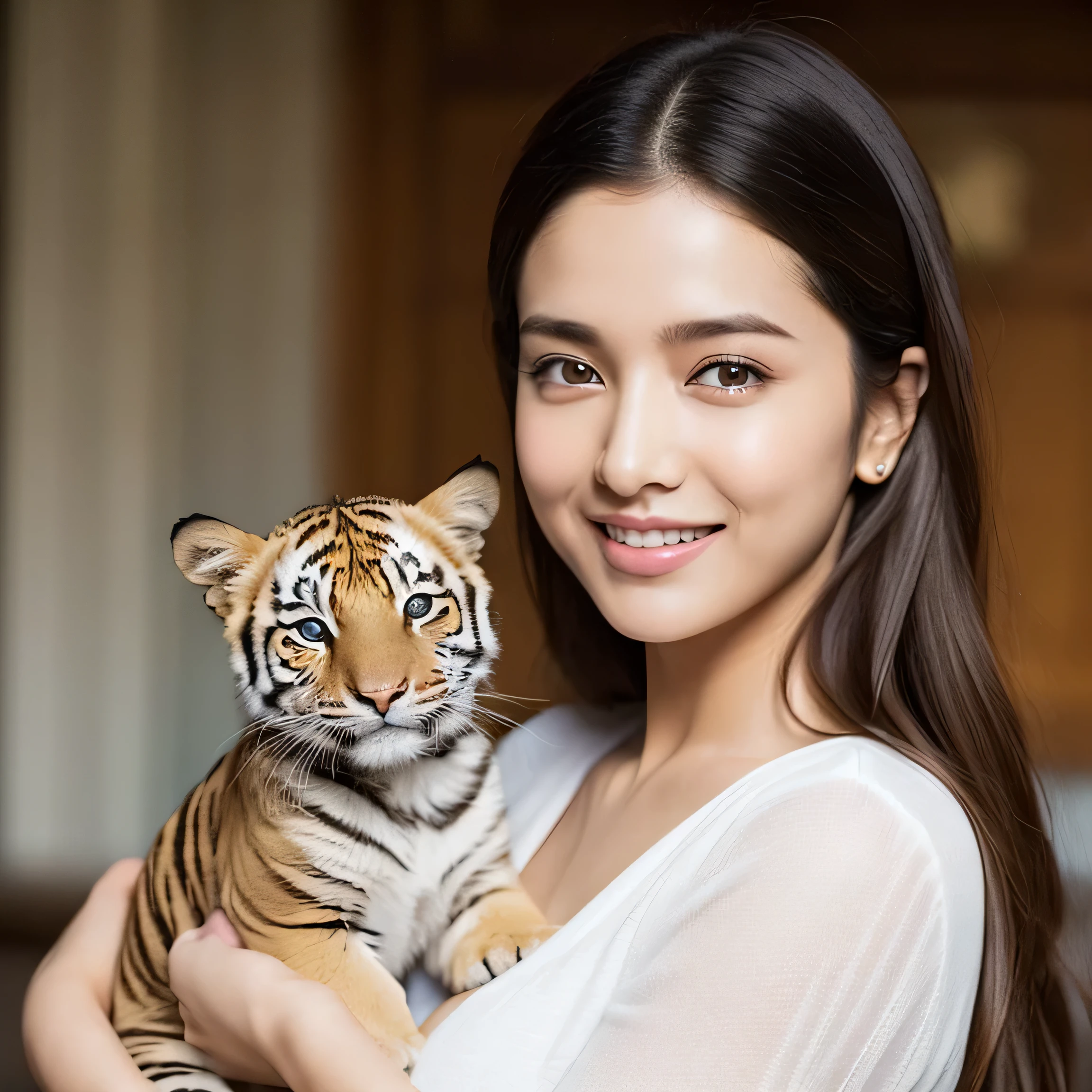 (best quality,realistic),portrait, one indian gorgeous 23 years old woman, smile, beautiful, clear facial features, ultra-realistic photographs, Smile, New Indian girl with tiger baby in hand