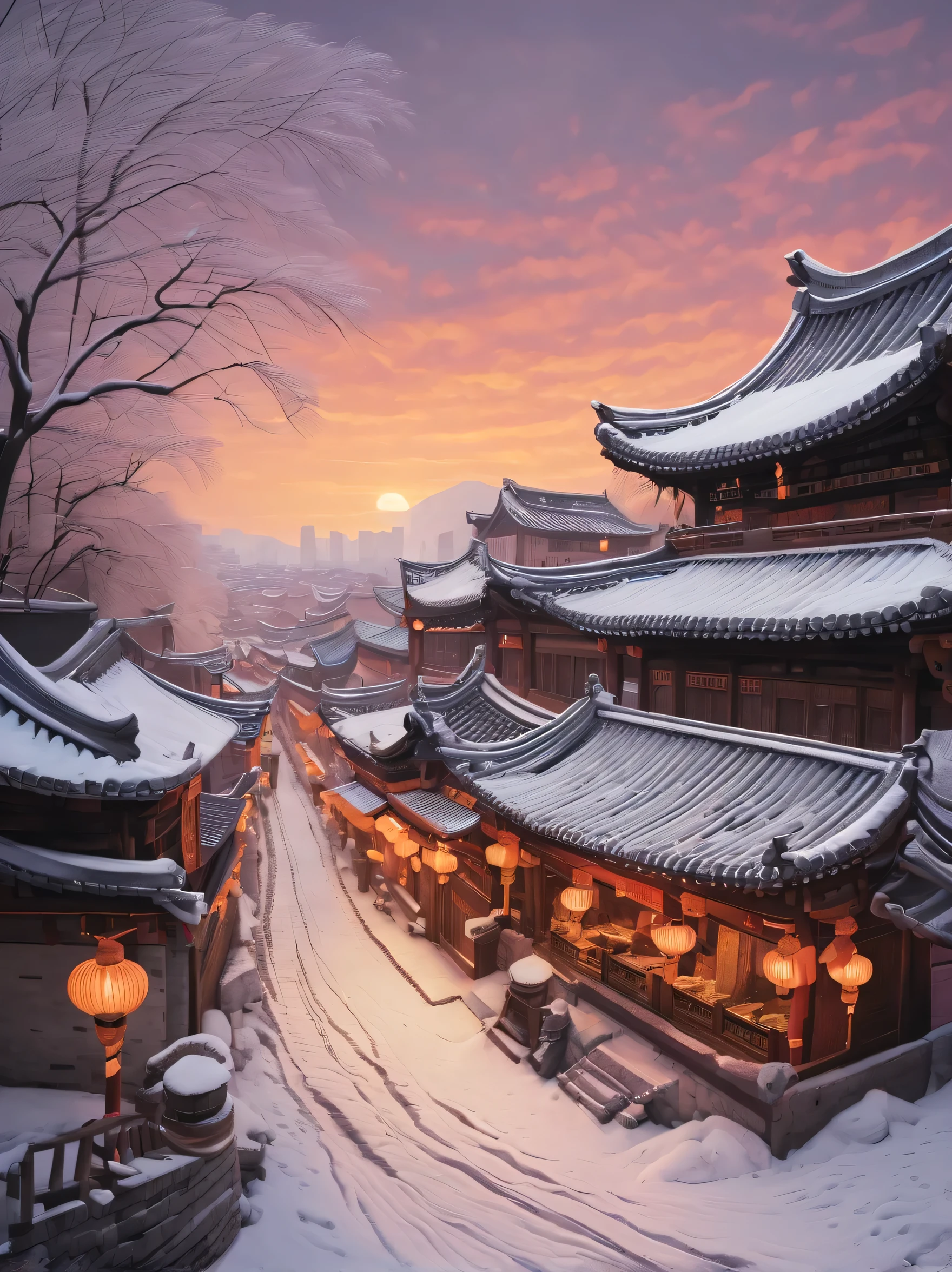 ancient chinese city in winter, There is a magnificent and tall ancient building complex. The roof is covered with layers of snow, Create a peaceful and picturesque scene. Narrow stone streets wind through the city, Adds to its ancient charm. and as the sun sets, The sky is painted bright orange and pink, Bring a warm glow to the whole city. The streets are bustling，Lively, The air is filled with the rich flavor of local cuisine. In this winter wonderland, And dead trees, Enhances sense of history and passage of time. this ancient city, Known as the most beautiful capital, Exudes a vibrant atmosphere，Truly capture the essence of life. The image quality of the artwork is of the highest standard, Featuring ultra-detailed and realistic renderings. Bright colors，The lighting creates a charming atmosphere. The medium used to create this artwork is a combination of traditional painting techniques and modern digital rendering, Form a unique and charming artistic style.