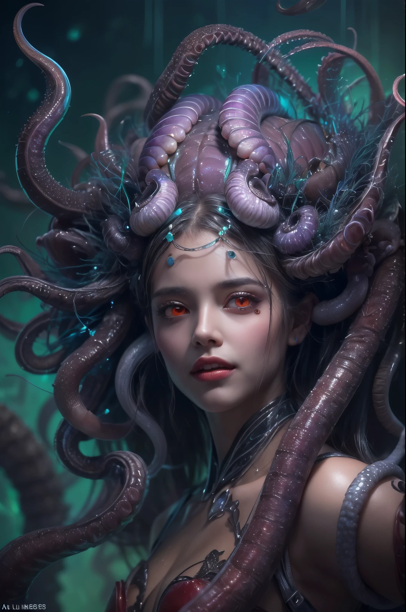 (1 beautiful and obscene female extraterrestre in the water of the deep sea:1.4), (Il y a un organe génital féminin au milieu de son front:1.95), Elle a des cheveux de méduse, (il y a beaucoup de tentacules translucides sur sa tête, comme ses cheveux:1.5), (vulgarité1.7), (she is regarder les spectateurs with glowing red eyes with no pupils:1.6), (Elle a la peau pâle et translucide:1.4),(Elle a le plus beau visage de l&#39;histoire de l&#39;univers:1.2), (Elle possède plusieurs organes bioluminescents sur le côté de ses tentacules:1.4), (Son corps est recouvert d&#39;un exosquelette irisé:1.4), (Elle montre ses aisselles:1.6), un mauvais regard qui séduit, (regarder les spectateurs:1.4),(De longues canines semblables à celles d&#39;un vampire peuvent être aperçues à travers l&#39;espace entre les jolies lèvres.:1.4) (bioluminescent:1.4), (Souriez méchamment:1.3), (pose sexy:1.4), extraterrestre, pas d&#39;humains, cellules are fused, Extra-terrestre, cellule, bio image, ultra haute résolution, (photos réalistes:1.7), (De nombreux chefs-d&#39;œuvre primés, Avec des détails incroyables, textures et détails maximum), Éclairage dramatique, Qualité cinématographique, (détails exquis:1.2), Haute fraîcheur, dessiner fidèlement, (sourcils épais:1.2), De beaux yeux avec une fine symétrie,(Visage et yeux très détaillés:1.2),(Sensation de qualité de peau super détaillée:1.4), Anatomie parfaite, (Beau corps tonique:1.5), (peau humide:1.2), ne pas se maquiller, (Cercles sombres:1.1), longues canines, dessin cinématographique de personnages, Qualité cinématographique, (détails exquis:1.2), haute résolution, Haute fraîcheur, dessiner fidèlement, art officiel, Papier peint Unity 8K, photographie artistique ultra détaillée, aura de minuit, moteur irréel 5, mise au point ultra nette, illustration d&#39;Amano Yoshitaka, artgerme, réalisme ultra réaliste, onirique, Création de fantaisie, Escargot de rêve, (nautile biopunk:1.3),Des combinaisons de couleurs passionnantes, sourire séduisant, Des mutations étonnantes, corps bien proportionné, déesse des profondeurs marines, fractale, motif géométrique, chiffres impossibles, subtils accents vert émeraude, (expression d&#39;extase:1.5)