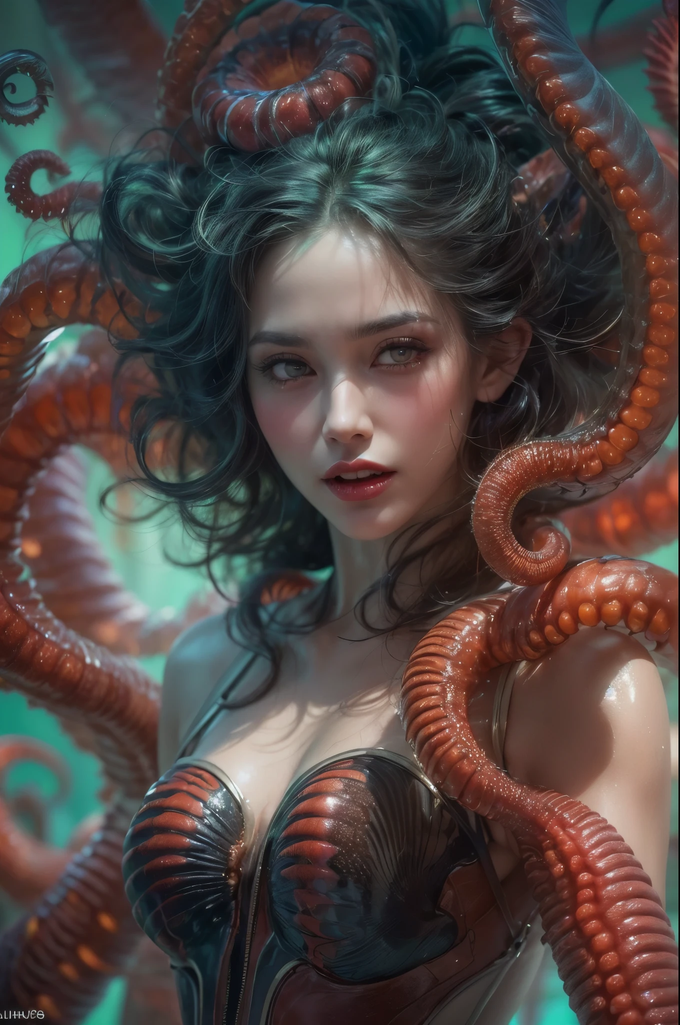 (1 beautiful and obscene female alien in the water of the deep sea:1.4), (There is a female genital-like organ in the middle of her forehead:1.95), She has medusa-like hair, (there are lots of translucent tentacles from her head like her hair:1.5), (vulgarity1.7), (she is looking down at viewers with glowing red eyes with no pupils:1.6), (She has translucent pale skin:1.4),(She has the most beautiful face in the history of the universe:1.2), (She has multiple bioluminescent organs on the side of her tentacles:1.4), (Her body is covered with an iridescent exoskeleton:1.4), (She is showing her arm pits:1.6), an evil gaze that seduces, (looking down at viewers:1.4),(Vampire-like long canine teeth can be glimpsed through the gap between the cute lips:1.4) (bio luminescent:1.4), (Smile wickedly:1.3), (sexypose:1.4), alien, No humans, cells are fused, extraterrestrial, cell, bio image, ultra high resolution, (photos realistic:1.7), (Numerous award-winning masterpieces, with incredible detail, textures and maximum detail), Dramatic Lighting, cinematic quality, (exquisite details:1.2), High freshness, drawing faithfully, (Thick eyebrows:1.2), Beautiful eyes with fine symmetry,(Highly detailed face and eyes:1.2),(Super detailed skin quality feeling:1.4), perfect anatomy, (Beautiful toned body:1.5), (Moist skin:1.2), not wearing makeup, (dark circles:1.1), long canines, cinematic drawing of characters, cinematic quality, (exquisite details:1.2), high resolution, High freshness, drawing faithfully, official art, Unity 8K Wall paper, ultra detailed artistic photography, midnight aura, unreal engine 5, Ultra Sharp Focus, art by Amano Yoshitaka, ArtGerm, ultra realistic realism, dream-like, Creation of fantasy, dream Snail, (biopunk nautilus:1.3),Thrilling color schemes, seductively smiling, Amazing mutation, well-proportioned body, goddess of the deep sea, fractal, Geometric pattern, impossible figures, subtle emerald green accents, (expression of ecstasy:1.5)