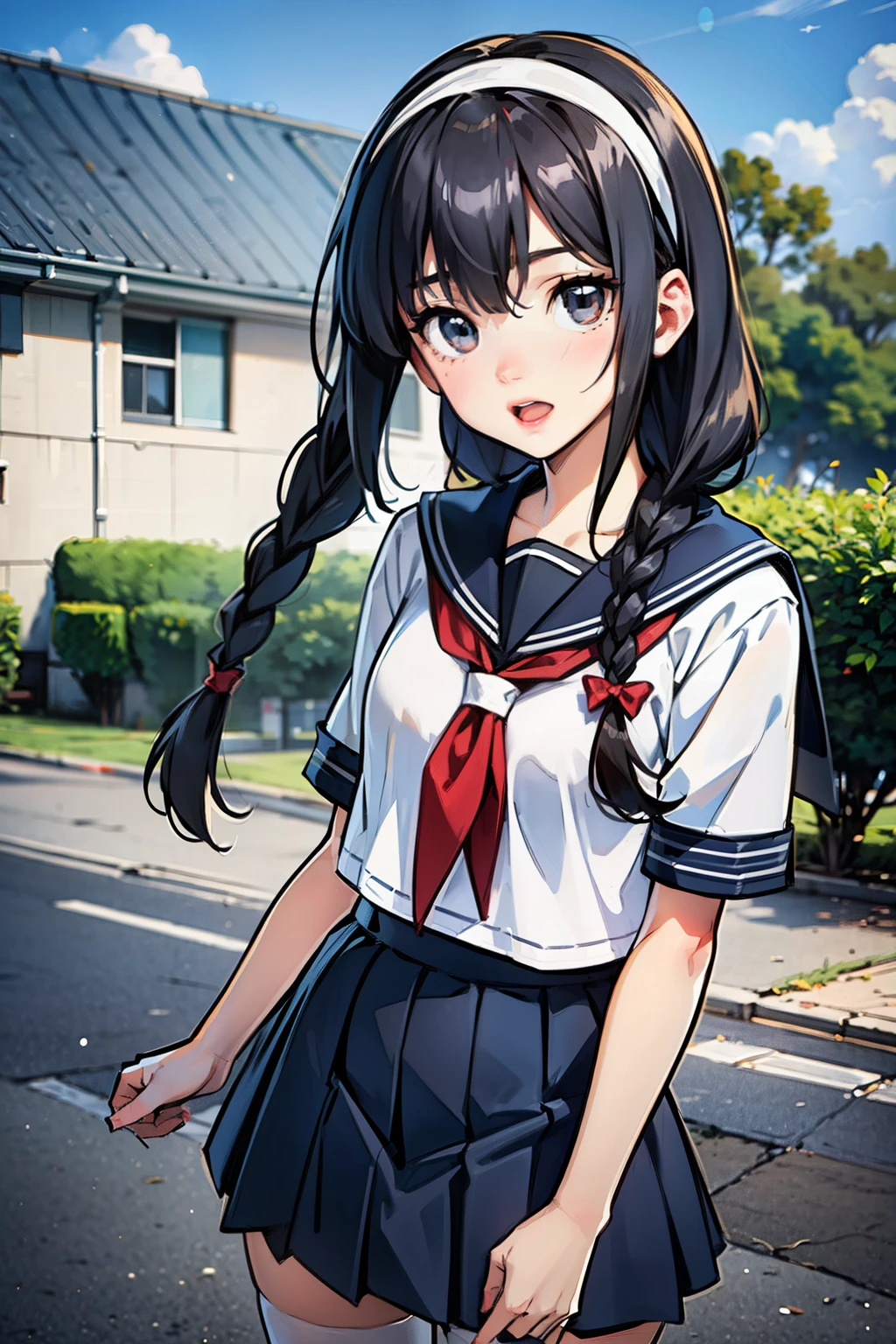 Body 8 times longer than head, (High-definition CG Unity 8K), (highest quality)，(very detailed)，(ultra high resolution), black hair, High school girl wearing a navy sailor suit, anime 2d rendering, realistic young anime , ((white headband)), small breasts, tall, slanted eyes, (school scenery), black stockings, during the day, open your mouth a little, Dark blue skirt, braid hair,  Skip, 