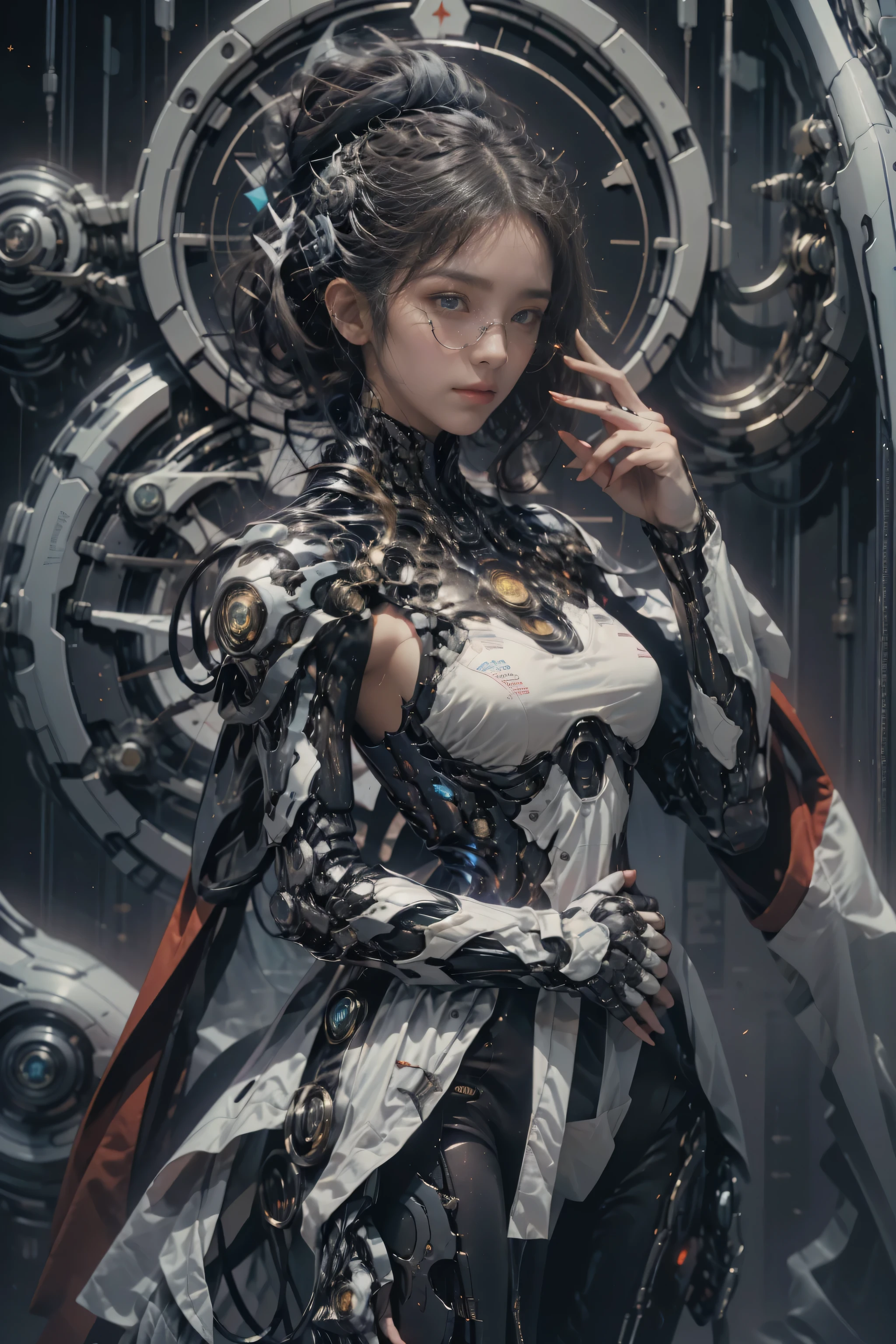 a girl，Luminous glasses，pretty face，Cold eyes，Upper body，Front view，looking at the audience，tarot cards，Futuristic sci-fi style，from behind,Red mecha