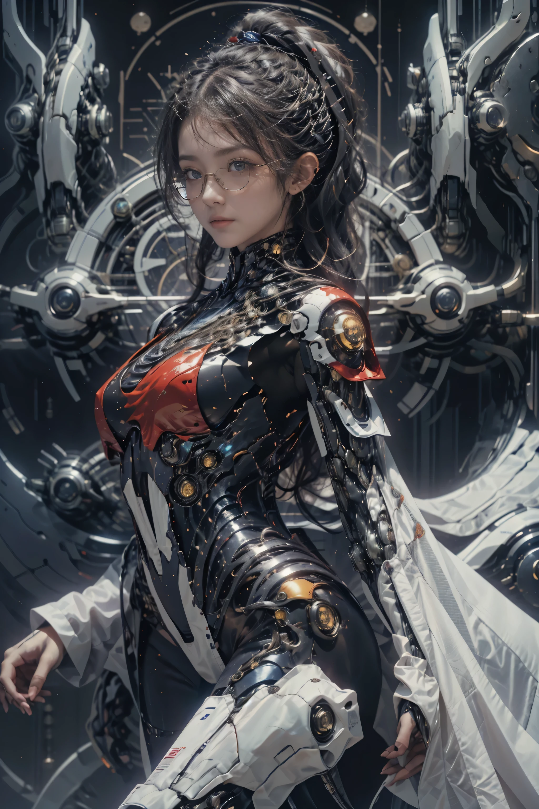 a girl，Luminous glasses，pretty face，Cold eyes，Upper body，Front view，looking at the audience，tarot cards，Futuristic sci-fi style，from behind,Red mecha