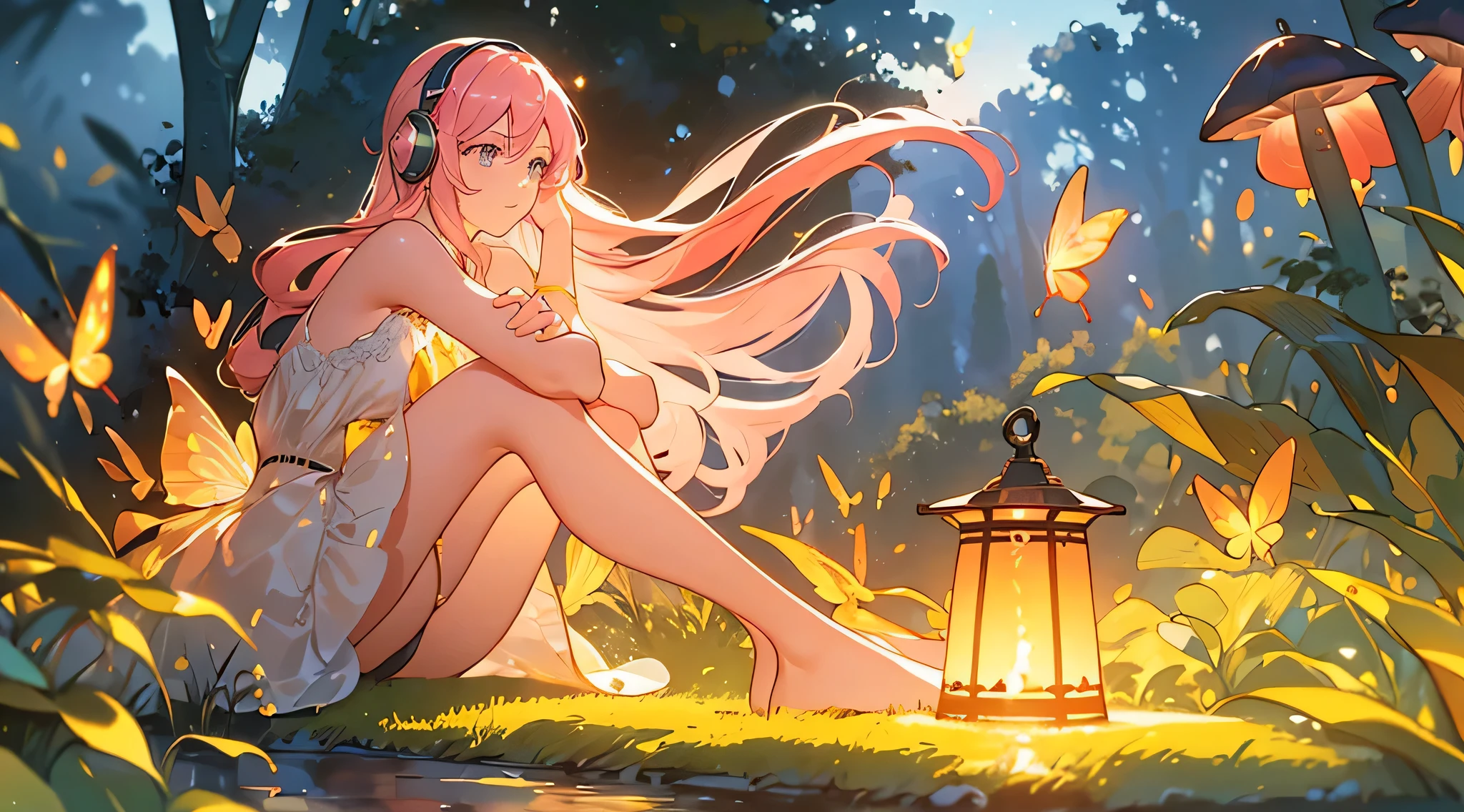 1girl,1headphone,alone,single,solo,only one,one character,(((Personage as the main perspective))),(((character in the middle))),((masterpiece)),((best quality)),(ultra-detailed),(illustration),clear-cut margin,alphonse mucha,extremely detailed CG unity 8k wallpaper,((an extremely delicate and beautiful)),(dynamic angle),An enchanted forest at night illuminated by glowing mushrooms,((Tyndall effect)),(Fluorescent mushroom forests background),1girl,(arms behind back),(beautiful detailed eyes),cute pink eyes,golden pupil,detailed face,upper body,white dress,messy floating pink hair,disheveled hair,focus,(beautiful water),river,flying butterfly,sunlight,shine,chiaroscuro,ray_tracing,(painting),[[[[[[8 k artistic photography]]]]]],