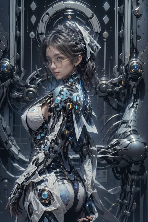 a girl，luminous glasses，pretty face，cold stare，Upper body，Front view，looking at the audience，tarot cards，Futuristic sci-fi style...