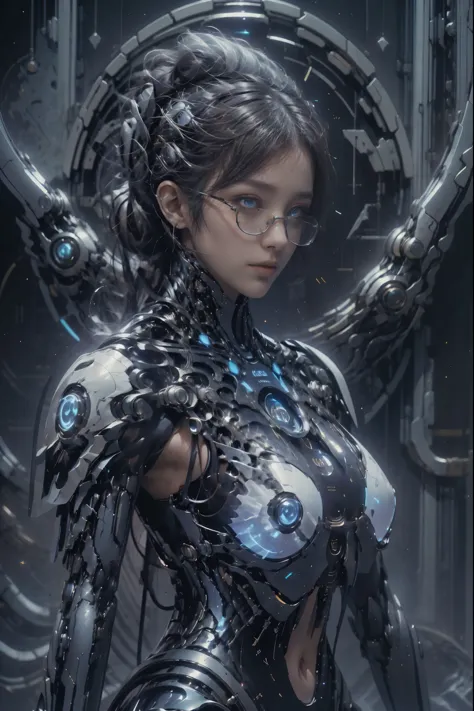 a girl，Luminous glasses，pretty face，Cold eyes，Upper body，Front view，looking at the audience，tarot cards，Futuristic sci-fi style，...