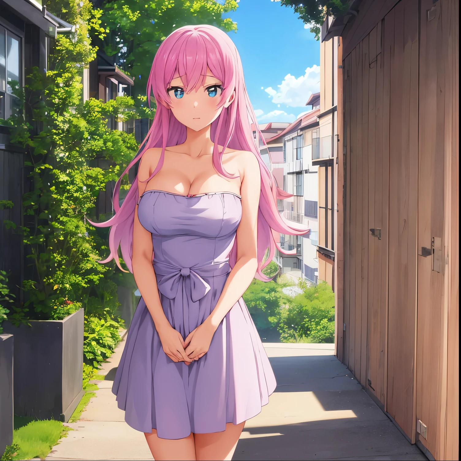 Anime girl in a short dress standing in a alley - SeaArt AI