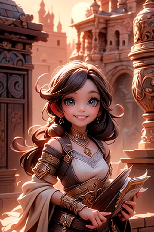 a fairy smiling seeing the landscape, ancient city with magical ambient, sunset, beautiful antient city at sunset, fantasy art style, rpg art style