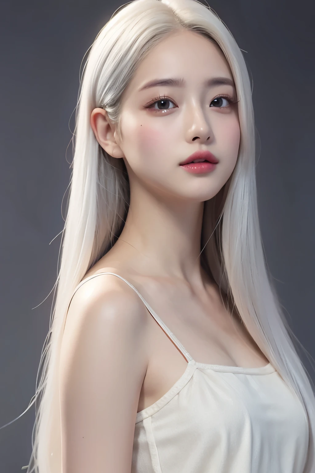 realistic, High resolution, 1 female, glowing skin, alone, wide lips,long hair,straight hair,saggy breasts,small face,white hair,Color Contacts,Trendy fashion,Full body coordination daytime,realistic skin texture,Real,K-pop Idol