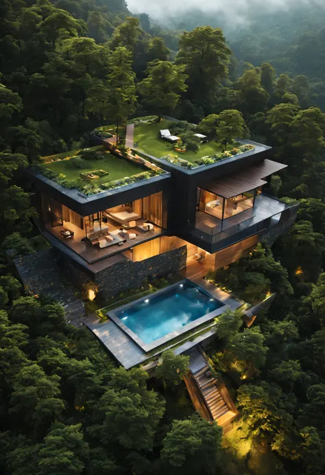 Design a drone view on a picturesque wooden modern villa nestled in the midst of towering mountains and a serene rainy forest. E...