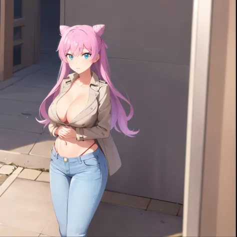 1girl, alone,akari watanabe, long hair, solo,  pink hair, blue eyes, looking at viewer, large breasts,  1girl ,Trench coat, jeans ,twintails, double bun,big breasts, medium waist, wide hips, wide thighs, cleavage, excellent anatomy, excellent hands