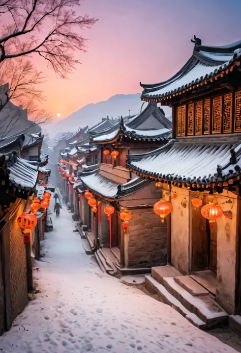 ancient chinese city in winter, there is a magnificent and tall ancient building complex. the roof is covered with layers of sno...