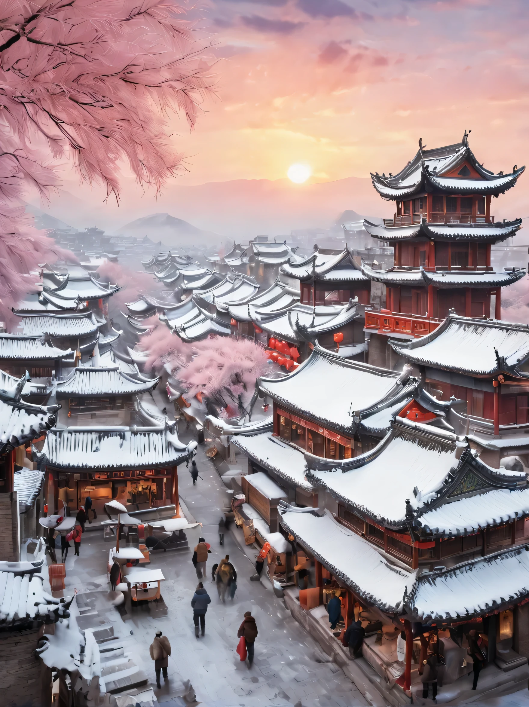 ancient chinese city in winter, There is a magnificent and tall ancient building complex. The roof is covered with layers of snow, Create a peaceful and picturesque scene. Narrow stone streets wind through the city, Adds to its ancient charm. and as the sun sets, The sky is painted bright orange and pink, Bring a warm glow to the whole city. The streets are bustling，Lively, The air is filled with the rich flavor of local cuisine. In this winter wonderland, And dead trees, Enhances sense of history and passage of time. this ancient city, Known as the most beautiful capital, Exudes a vibrant atmosphere，Truly capture the essence of life. The image quality of the artwork is of the highest standard, Featuring ultra-detailed and realistic renderings. Bright colors，The lighting creates a charming atmosphere. The medium used to create this artwork is a combination of traditional painting techniques and modern digital rendering, Form a unique and charming artistic style.