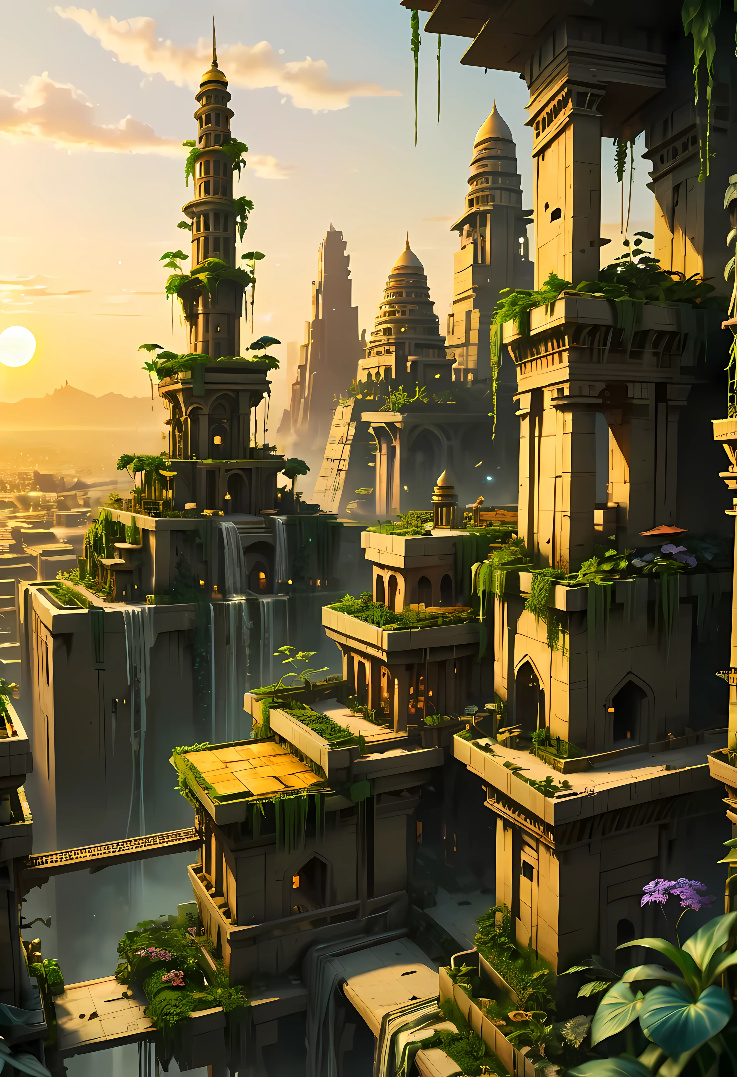 A Babylonian Hanging Garden overlooks Ancient Mesopotamian city with Majestic Tower of Bable, mesmerizing ancient tall tower by Sunset light,((golden hour time):1.2),((Lush Hanging Gardens):1.2),((Very tall Tower of Bable):1.1), delicate golden hour light, amazing wallpapers, beautiful surroundings, optimistic matte painting, Beautiful digital artwork, Ancient City of Babylon background, Beautiful and detailed scenes, UHD underground, UHD landscape, Majestic concept art, beautiful Ancient City. |(Masterpiece in maximum 16K resolution), the best quality, (very detailed CG unity 16k wallpaper quality),(Soft colors 16k highly detailed digital art),Super Detailed. | Perfect image,16k UE5,official painting, superfine, Depth of field, no contrast, clean sharp focus, professional, No blurring. | (((More detail))).