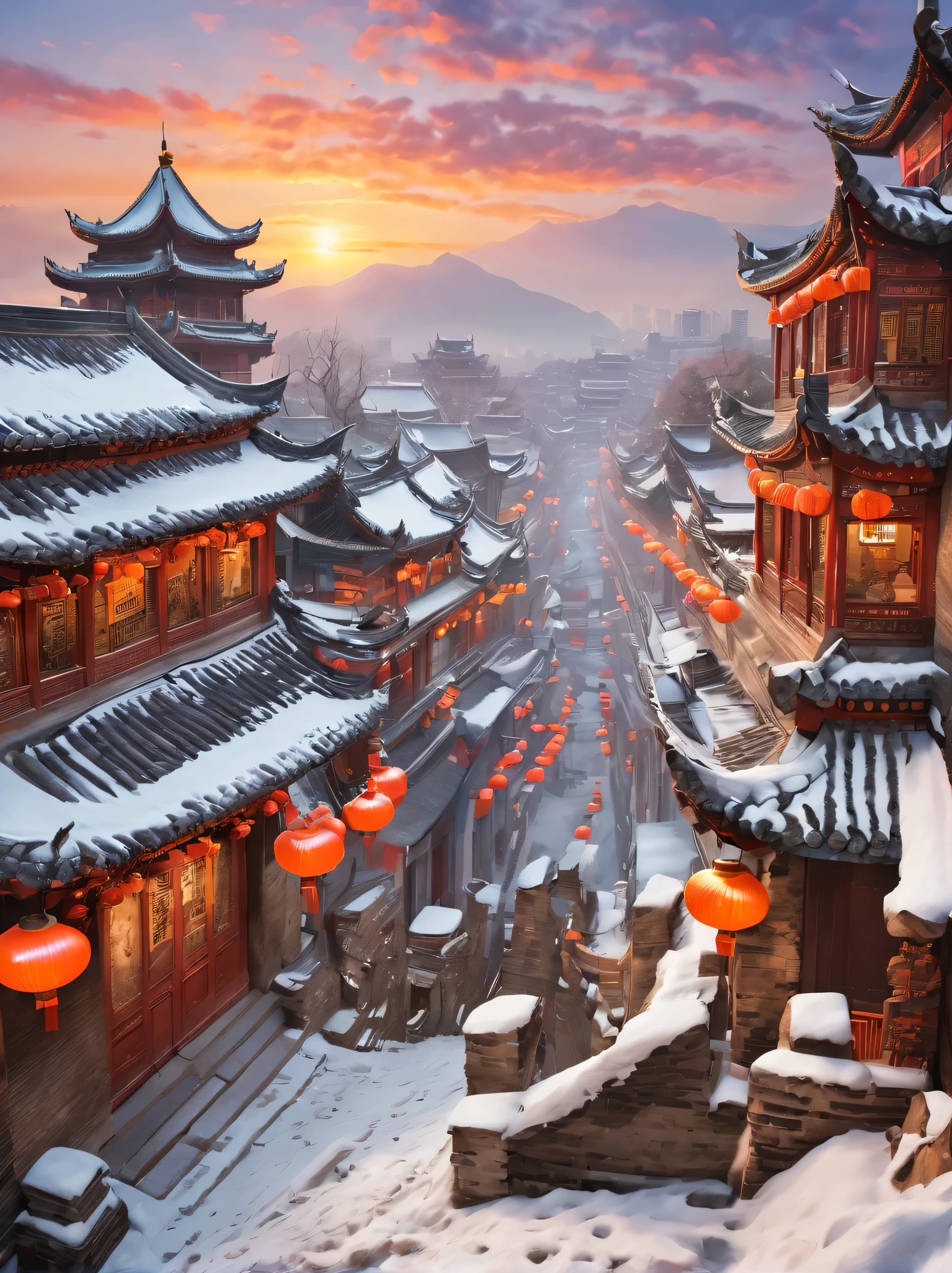 ancient chinese city in winter, There is a magnificent and tall ancient building complex. The roof is covered with layers of snow, Create a peaceful and picturesque scene. Narrow stone streets wind through the city, Adds to its ancient charm. and as the sun sets, The sky is painted bright orange and pink, Bring a warm glow to the whole city. The streets are bustling，Lively, The air is filled with the rich flavor of local cuisine. In this winter wonderland, And dead trees, Enhances sense of history and passage of time. this ancient city, Known as the most beautiful capital, Exudes a vibrant atmosphere，Truly capture the essence of life. The image quality of the artwork is of the highest standard, Featuring ultra-detailed and realistic renderings. Bright colors，The lighting creates a charming atmosphere. The medium used to create this artwork is a combination of traditional painting techniques and modern digital rendering, Form a unique and charming artistic style.