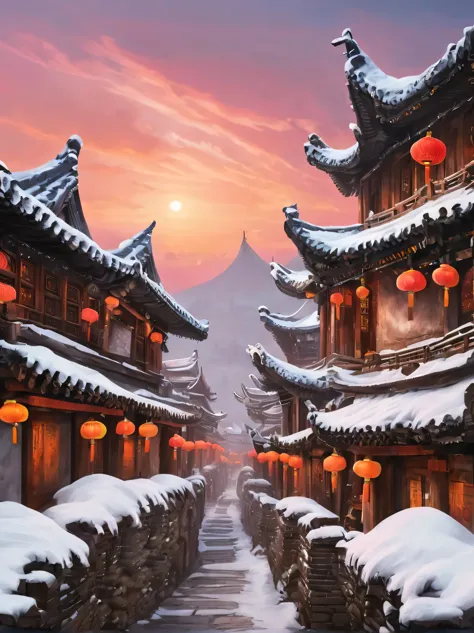 ancient chinese city in winter, there is a magnificent and tall ancient building complex. the roof is covered with layers of sno...