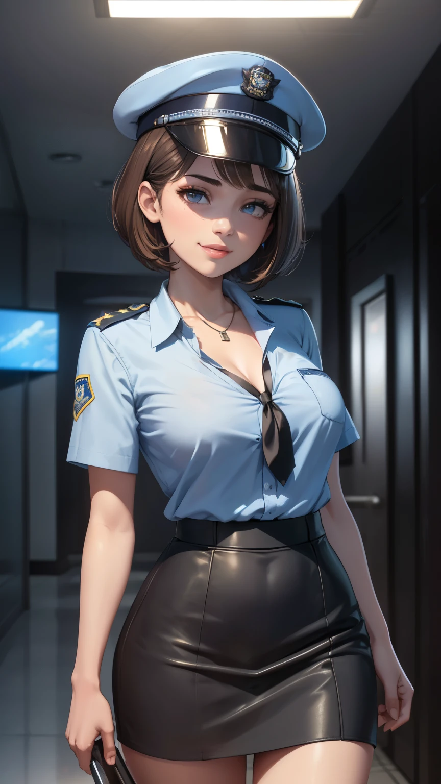 highest quality, masterpiece,  1 girl, light smile, dramatic lighting, from below、police uniform、Light blue short-sleeved shirt、black tie、Police Officer Cap、navy blue mini skirt、cleavage、Light Brown Short Bob Hair、Miniskirt Police、Skyscraperoonlight night、3D rendering