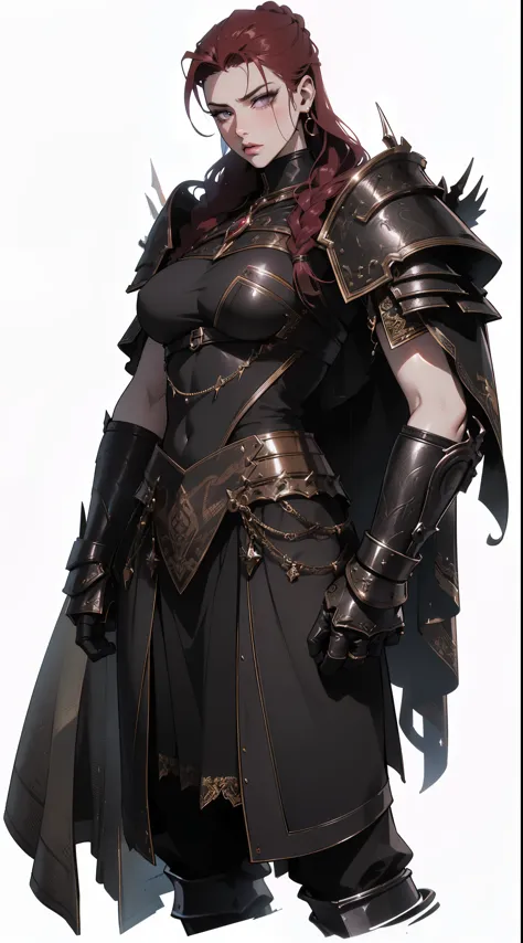 ,confident  ,hot woman, beautiful , sexy charecter ,weapons , epic ,Splash art , warrior ,armour , detailed human face ,hair , seductive , ,Tall muscled defined woman, detailed armor, red and gold engraved leather Cuirass, intricate designs on the Cuirass,...