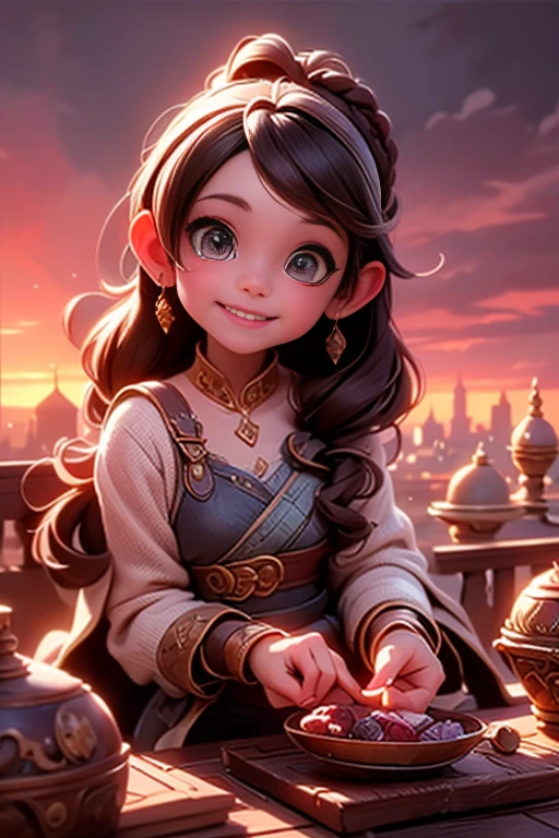 un hada sonriendo viendo el paisaje, ciudad antigua con ambiente mágico, atardecer, beautiful antient city at atardecer, estilo de arte de fantasía, estilo de arte RPG