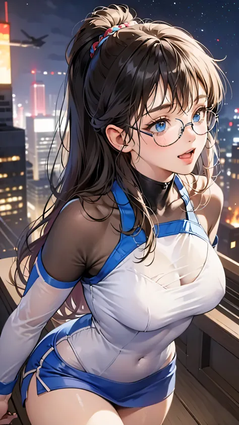 woman,14 years old,,city,night,(((white and blue tight miniskirt bodysuit))),,open mouth smile((See-through))(((Glasses))),((Bea...
