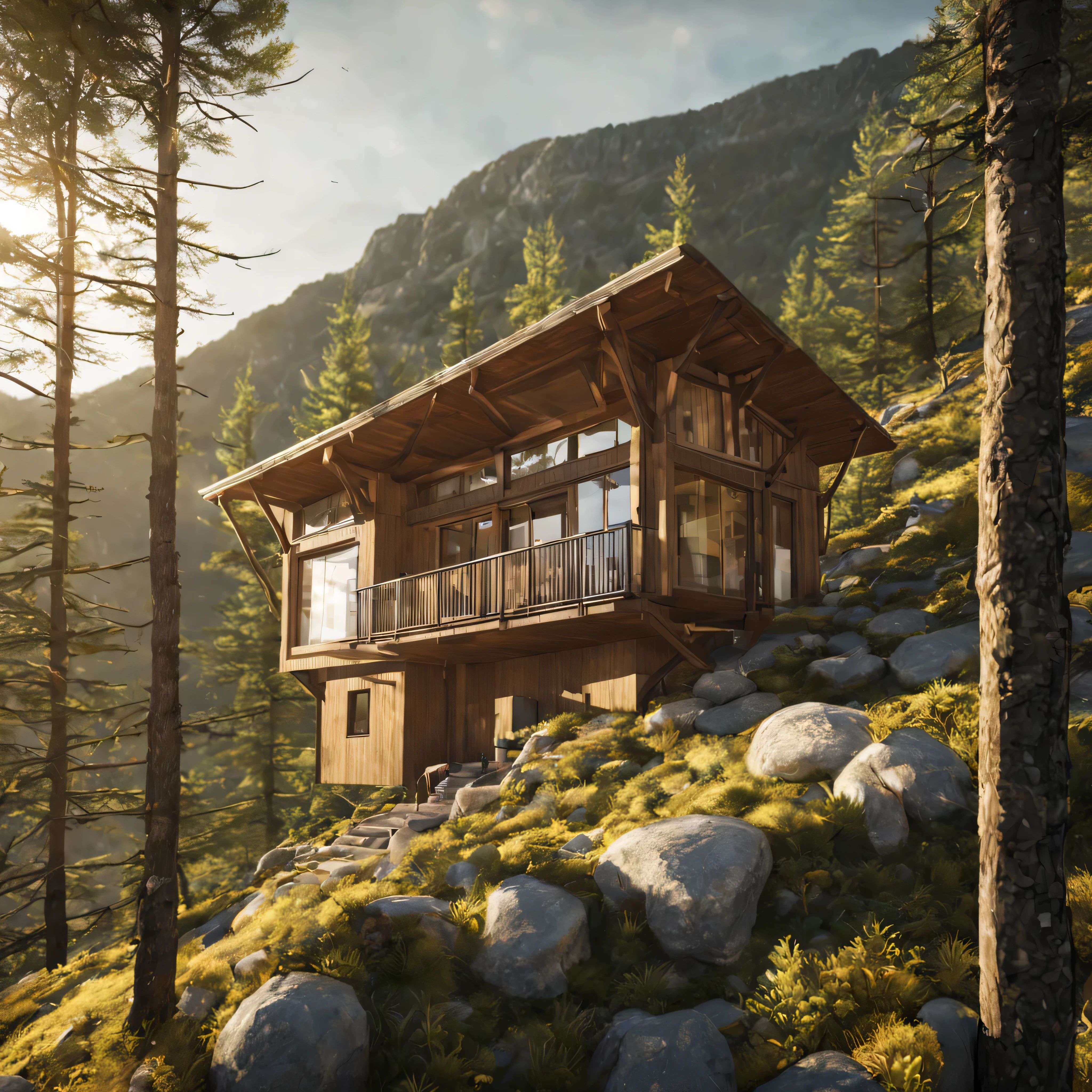 Diseña una cabaña de montaña que se integre a la perfección con su entorno, abrazando el paisaje natural. Considere elementos sostenibles y características ecológicas.. Describir la arquitectura, materiales, y diseño, Garantizar la armonía con el paisaje montañoso.. Explore formas de traer el aire libre al interior, creando un retiro tranquilo que celebra la belleza de las montañas. Ultrarealista, photoreal, ultrateada, 4k