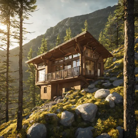 Design a mountain hut that seamlessly blends with its surroundings, embracing the natural landscape. Consider sustainable elemen...