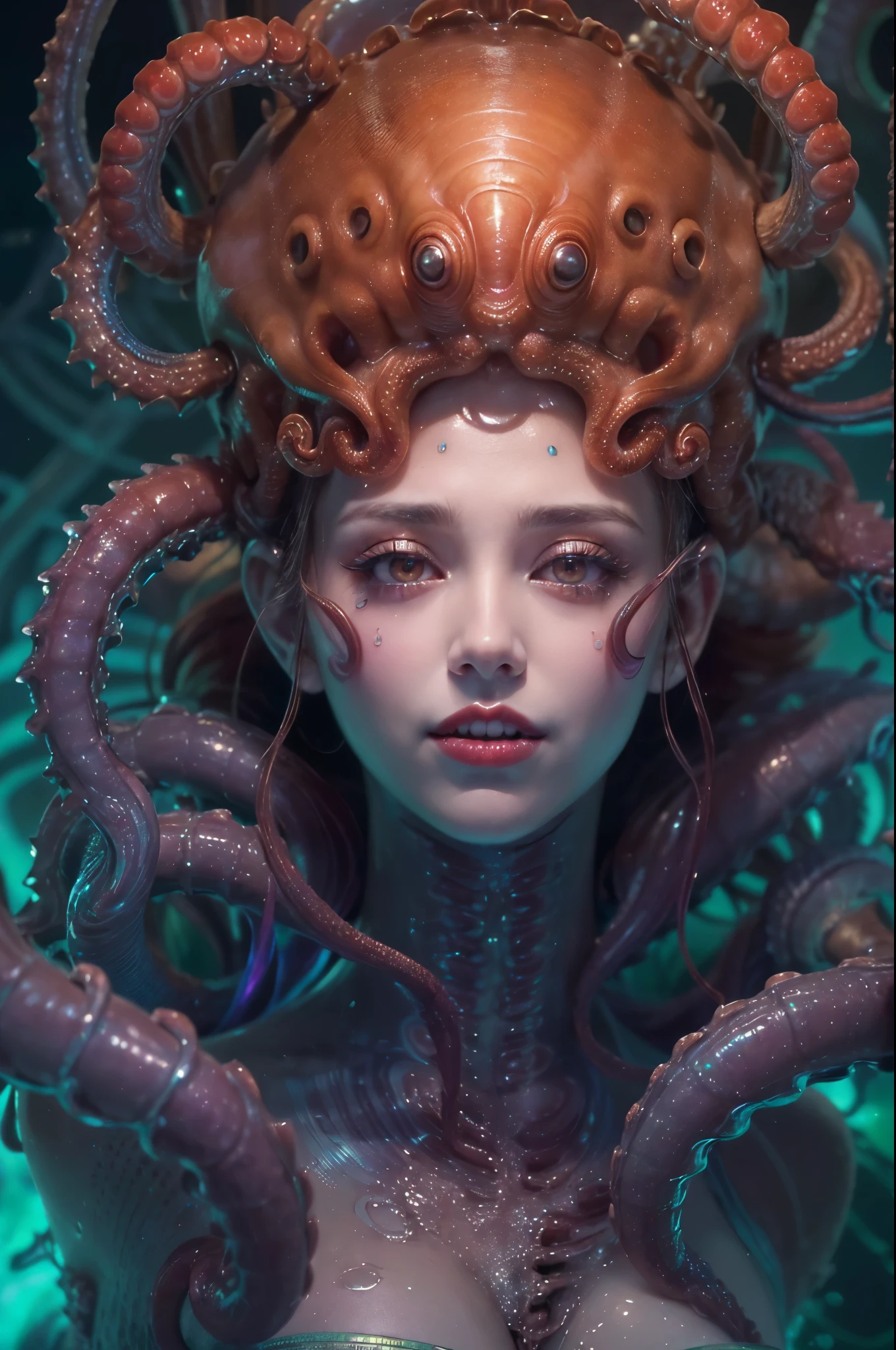 (1 beautiful and obscene female alien in the water of the deep sea:1.4), (There is a female genital-like organ in the middle of her forehead:1.95), She has medusa-like hair, (there are lots of translucent tentacles from her head like her hair:1.5), (vulgarity1.7), (she is looking down at viewers with glowing red eyes with no pupils:1.6), (She has translucent pale skin:1.4),(She has the most beautiful face in the history of the universe:1.2), (She has multiple bioluminescent organs on the side of her tentacles:1.4), (Her body is covered with an iridescent exoskeleton:1.4), (She is showing her arm pits:1.6), an evil gaze that seduces, (looking down at viewers:1.4),(Vampire-like long canine teeth can be glimpsed through the gap between the cute lips:1.4) (bio luminescent:1.4), (Smile wickedly:1.3), (sexypose:1.4), alien, No humans, cells are fused, extraterrestrial, cell, bio image, ultra high resolution, (photos realistic:1.7), (Numerous award-winning masterpieces, with incredible detail, textures and maximum detail), Dramatic Lighting, cinematic quality, (exquisite details:1.2), High freshness, drawing faithfully, (Thick eyebrows:1.2), Beautiful eyes with fine symmetry,(Highly detailed face and eyes:1.2),(Super detailed skin quality feeling:1.4), perfect anatomy, (Beautiful toned body:1.5), (Moist skin:1.2), not wearing makeup, (dark circles:1.1), long canines, cinematic drawing of characters, cinematic quality, (exquisite details:1.2), high resolution, High freshness, drawing faithfully, official art, Unity 8K Wall paper, ultra detailed artistic photography, midnight aura, unreal engine 5, Ultra Sharp Focus, art by Amano Yoshitaka, ArtGerm, ultra realistic realism, dream-like, Creation of fantasy, dream Snail, (biopunk nautilus:1.3),Thrilling color schemes, seductively smiling, Amazing mutation, well-proportioned body, goddess of the deep sea, fractal, Geometric pattern, impossible figures, subtle emerald green accents, (expression of ecstasy:1.5)