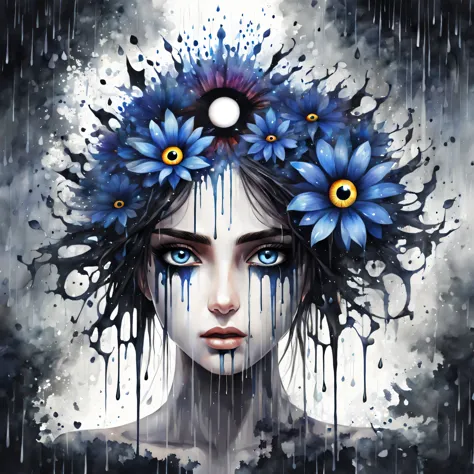 Watercolor Paint, Dangerous girl&#39;s center position&#39;head of, evil eye flower, with the darkest splash, Focusing on dark fantasy fractal flowers, high quality, Drooping rain,the background is white、hair is combed、