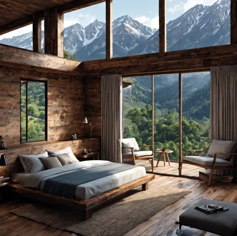 Design an interior of the hut, the hut seamlessly blends with its surroundings mountains, embracing the natural landscape. Consi...