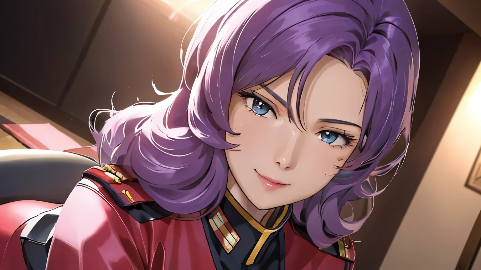 Red,Pink military uniform,
purple hair ,blue eyes,lipstick, long hair,
1 girl, 20 years,young women,beautiful Finger,beautiful long legs,beautiful body,beautiful Nose,beautiful character design, perfect eyes, perfect Face,expressive eyes, looking at the audience, in the center of the image,(Light_Smile:0.5), official art,Extremely detailed CG unified 8k wallpaper, perfect Lighting,rich and colorful, bright_front_Face_灯Light,有Light泽的皮肤, (masterpiece:1.0),(the best_quality:1.0), 超high resolution,4K,super detailed, photography, 8k, human development report, high resolution, ridiculous:1.2, Kodak Portrait 400, film grain, blurRed background, Bokeh:1.2, 镜头Light晕, (Full of energy_color:1.2) (beautiful,Big deal_boobgasm:1.0), (beautiful_Face:1.5),(narrow_waist)  Full body sitting, wear, elite, velvet, deep Purple, small tie. he himself, boss, momentum, Full HD, ......International Organization for Standardization, Law office equipped with modern design furniture, 包括Black色和灰色皮革软垫的扶手椅, Chrome base tempeRed glass coffee table, 实木会议桌搭配Black色皮椅, There is return a built-in bookcase，Inside there are law books bound in brown leather. ?" 其 11 叶片圆形Light圈和 XA 镜头元件一起提供了漂亮的Bokeh效果. return, 镜头配备Light圈环，You can switch between no-click and no-click actions, a dust and moisture resistant design, and four XD linear autofocus motors，Provides fast and accurate autofocus and tracking. 这款镜头为索尼photography师提供了出色的人像拍摄工具, night view, 和一般photography."legs raised, Sitting on the sofa, Black, Black色高跟鞋