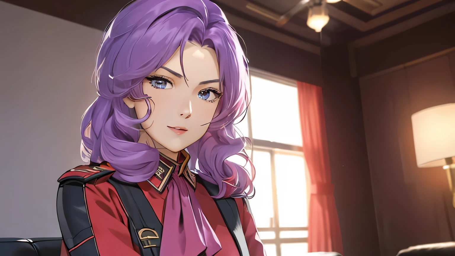 Red,Pink military uniform,
purple hair ,blue eyes,lipstick, long hair,
1 girl, 20 years,young women,beautiful Finger,beautiful long legs,beautiful body,beautiful Nose,beautiful character design, perfect eyes, perfect Face,expressive eyes, looking at the audience, in the center of the image,(Light_Smile:0.5), official art,Extremely detailed CG unified 8k wallpaper, perfect Lighting,rich and colorful, bright_front_Face_灯Light,有Light泽的皮肤, (masterpiece:1.0),(the best_quality:1.0), 超high resolution,4K,super detailed, photography, 8k, human development report, high resolution, ridiculous:1.2, Kodak Portrait 400, film grain, blurRed background, Bokeh:1.2, 镜头Light晕, (Full of energy_color:1.2) (beautiful,Big deal_boobgasm:1.0), (beautiful_Face:1.5),(narrow_waist)  Full body sitting, wear, elite, velvet, deep Purple, small tie. he himself, boss, momentum, Full HD, ......International Organization for Standardization, Law office equipped with modern design furniture, 包括Black色和灰色皮革软垫的扶手椅, Chrome base tempeRed glass coffee table, 实木会议桌搭配Black色皮椅, There is return a built-in bookcase，Inside there are law books bound in brown leather. ?" 其 11 叶片圆形Light圈和 XA 镜头元件一起提供了漂亮的Bokeh效果. return, 镜头配备Light圈环，You can switch between no-click and no-click actions, a dust and moisture resistant design, and four XD linear autofocus motors，Provides fast and accurate autofocus and tracking. 这款镜头为索尼photography师提供了出色的人像拍摄工具, night view, 和一般photography."legs raised, Sitting on the sofa, Black, Black色高跟鞋