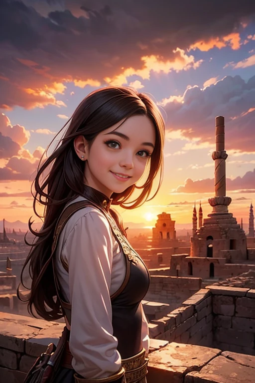 a warrior girl smiling seeing the landscape, ancient city with magical ambient, sunset, beautiful antient city at sunset, fantasy art style, rpg art style