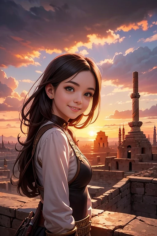 uma garota guerreira sorrindo vendo a paisagem, cidade antiga com ambiente mágico, pôr do sol, beautiful antient city at pôr do sol, Estilo de arte de fantasia, estilo de arte RPG