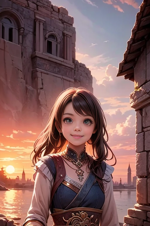 風景を見て微笑む戦士の少女, 魔法のような雰囲気の古代都市, 日没, beautiful antient city at 日没, ファンタジーアートスタイル, RPGアートスタイル