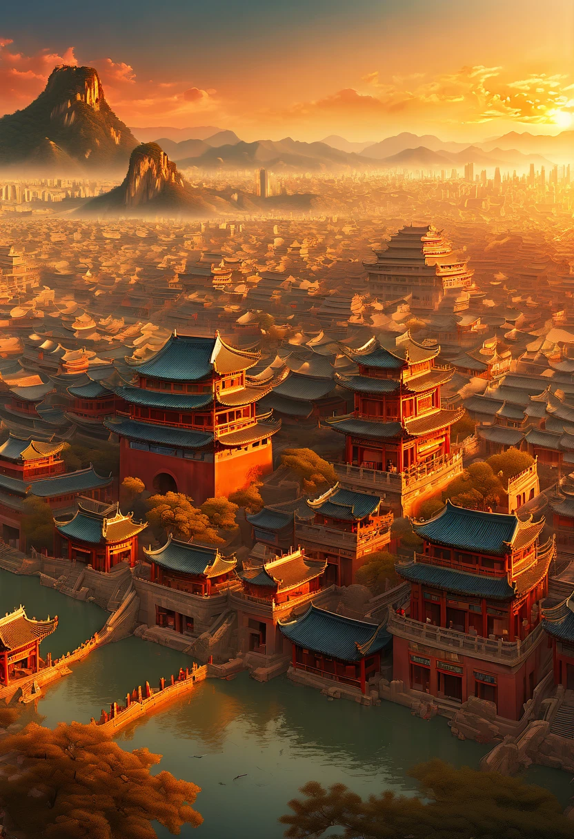 Ancient City at Sunset, by Song Huizong Zhao Ji, panoramic view, Ultra high saturation, (best quality, masterpiece, Representative work, official art, Professional, unity 8k wallpaper:1.3)