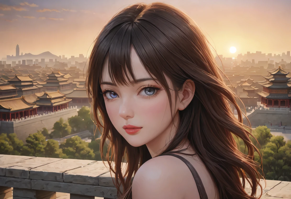 (best quality,4K,8k,high resolution,masterpiece:1.2),Super detailed,(actual,photoactual,photo-actual:1.37),portrait,Beautiful and delicate eyes,Beautiful and delicate lips,Extremely detailed eyes and face,long eyelashes,Styling poses,ancient city houses,flowing hair,Looking at the distant skyline,the setting sun illuminates the ancient the forbidden city,Create a beautiful scenery,The wind blows the girl&#39;s hair in the ancient city,the forbidden city,Sunset,sunset,Colorful clouds,falling petals,ancient city,Bare trees,mottled,an overgrown,quiet and desolate,contour,backlight,Contrast between light and shadow,haze,Cinema lighting,film grain