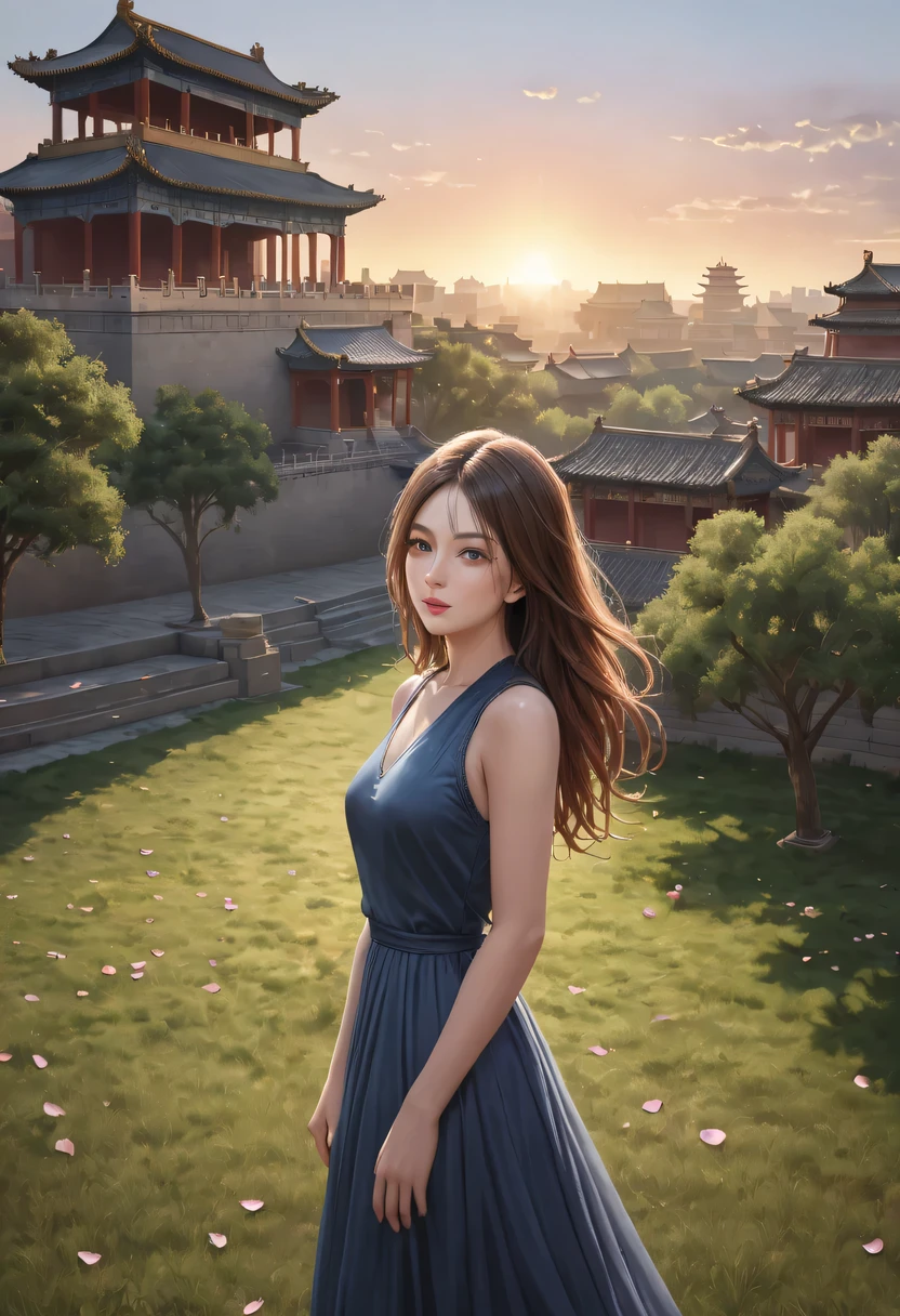 (best quality,4K,8k,high resolution,masterpiece:1.2),Super detailed,(actual,photoactual,photo-actual:1.37),portrait,Beautiful and delicate eyes,Beautiful and delicate lips,Extremely detailed eyes and face,long eyelashes,Styling poses,ancient city houses,flowing hair,Looking at the distant skyline,the setting sun illuminates the ancient the forbidden city,Create a beautiful scenery,The wind blows the girl&#39;s hair in the ancient city,the forbidden city,Sunset,sunset,Colorful clouds,falling petals,ancient city,Bare trees,mottled,an overgrown,quiet and desolate,contour,backlight,Contrast between light and shadow,haze,Cinema lighting,film grain