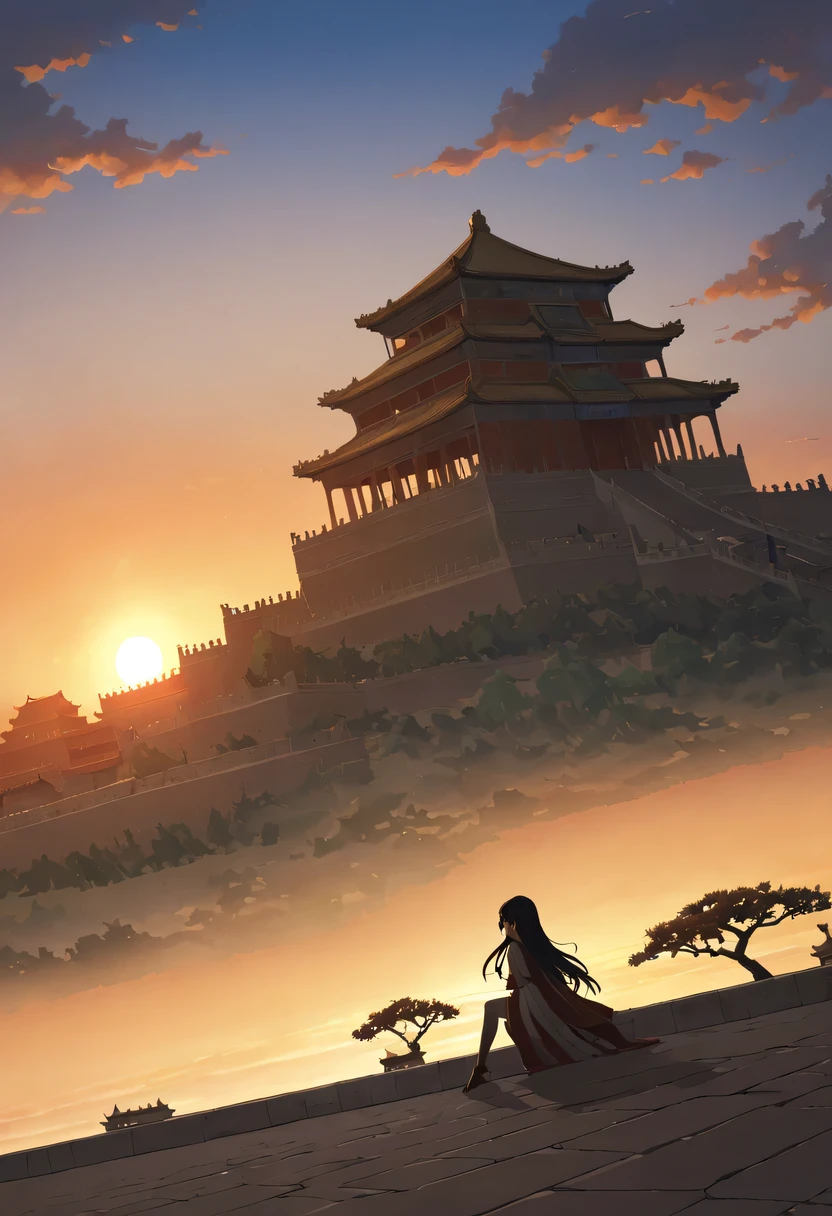 1 girl,模特拍照姿势站在ancient city房屋的顶端，flowing long hair，Gaze at the distant skyline，那Sunset余晖与古老的the forbidden city映造出一道美丽的风景，west wind blows girl&#39;Long hair on the ancient road，the forbidden city，Sunset，Sunset，cloud，fallen flowers，ancient city，dead tree，mottled，grassland，Silent and desolate，contour，backlight，chiaroscuro，vignette，Cinema lighting，film grain