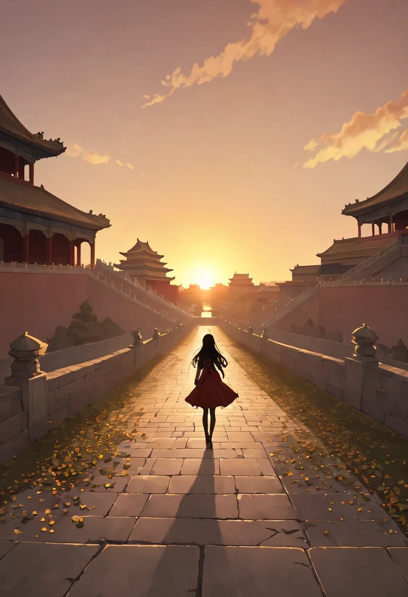 1 girl,模特拍照姿势站在ancient city房屋的顶端，flowing long hair，Gaze at the distant skyline，那Sunset余晖与古老的the forbidden city映造出一道美丽的风景，west wind blows girl&#39;Long hair on the ancient road，the forbidden city，Sunset，Sunset，cloud，fallen flowers，ancient city，dead tree，mottled，grassland，Silent and desolate，contour，backlight，chiaroscuro，vignette，Cinema lighting，film grain