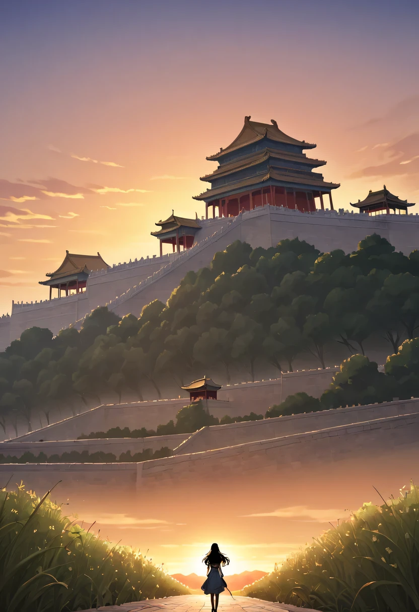 1 girl,模特拍照姿势站在ancient city房屋的顶端，flowing long hair，Gaze at the distant skyline，那Sunset余晖与古老的the forbidden city映造出一道美丽的风景，west wind blows girl&#39;Long hair on the ancient road，the forbidden city，Sunset，Sunset，cloud，fallen flowers，ancient city，dead tree，mottled，grassland，Silent and desolate，contour，backlight，chiaroscuro，vignette，Cinema lighting，film grain