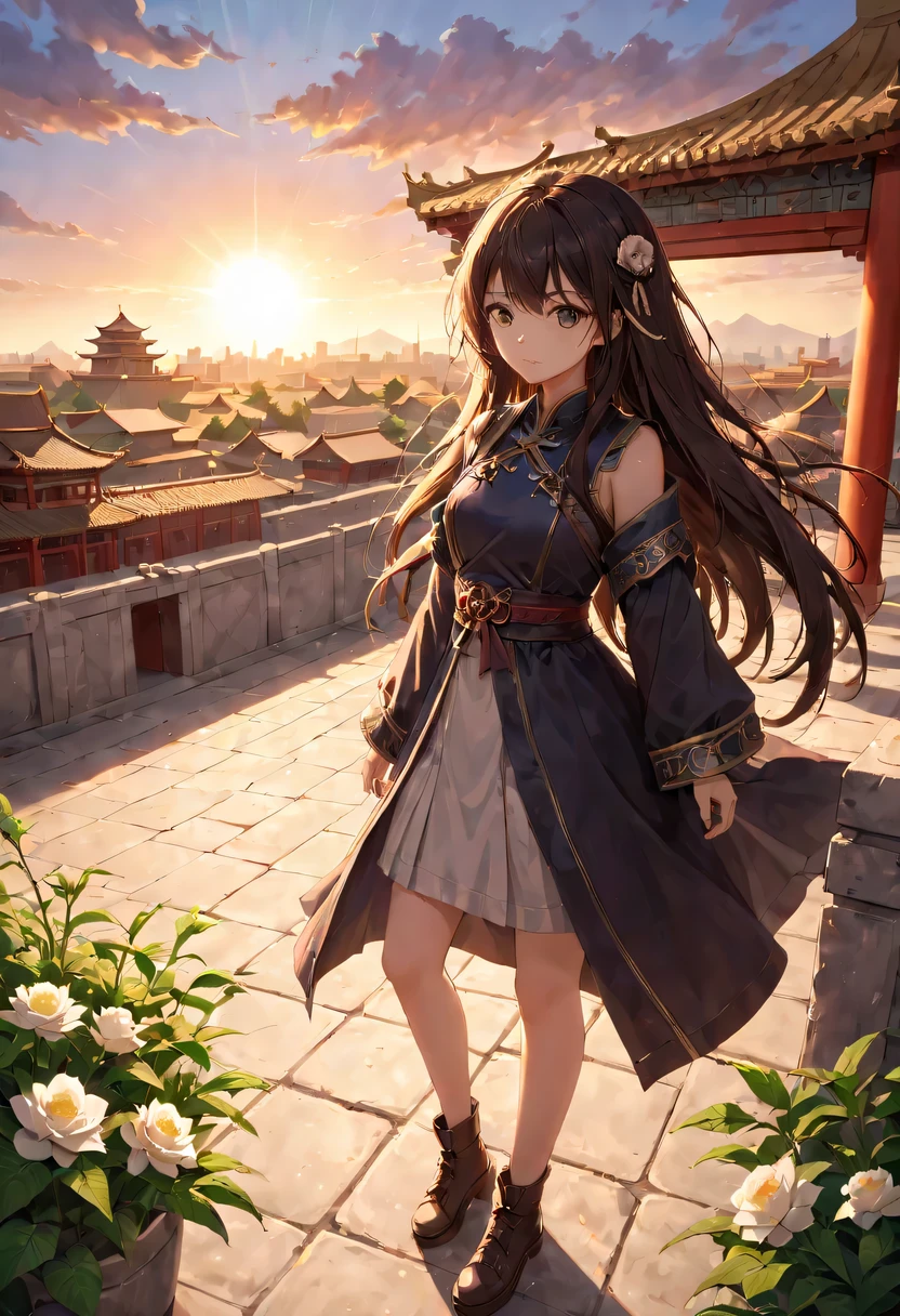 1 girl,模特拍照姿势站在ancient city房屋的顶端，flowing long hair，Gaze at the distant skyline，那Sunset余晖与古老的the forbidden city映造出一道美丽的风景，west wind blows girl&#39;Long hair on the ancient road，the forbidden city，Sunset，Sunset，cloud，fallen flowers，ancient city，dead tree，mottled，grassland，Silent and desolate，contour，backlight，chiaroscuro，vignette，Cinema lighting，film grain