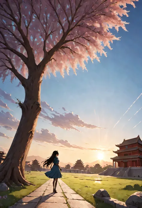 1 girl,模特拍照姿势站在ancient city房屋的顶端，flowing long hair，Gaze at the distant skyline，那Sunset余晖与古老的the forbidden city映造出一道美丽的风景，west wi...