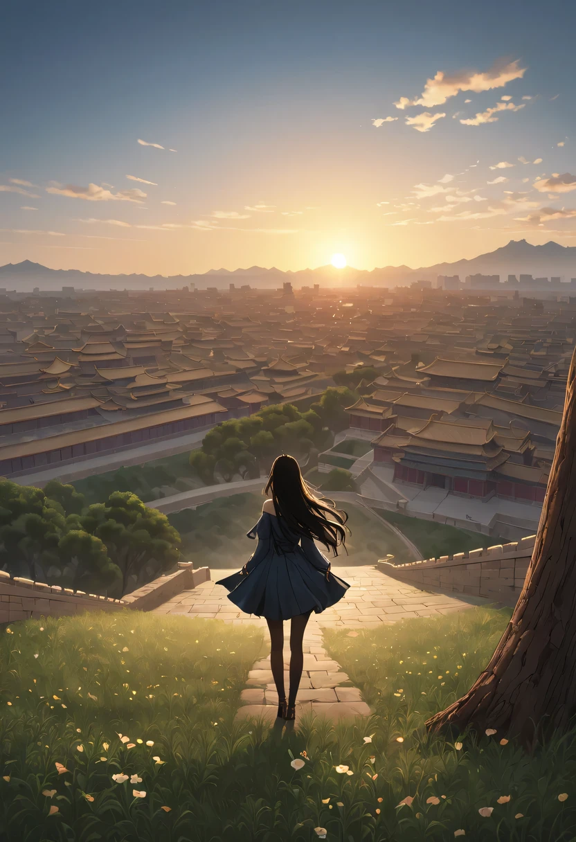 (masterpiece, top quality, best quality, official art, Beautiful and beautiful:1.2), contour，backlight，chiaroscuro，vignette，Cinema lighting，film grain,1 girl,模特拍照姿势站在ancient city房屋的顶端，flowing long hair，Gaze at the distant skyline，那Sunset余晖与古老的the forbidden city映造出一道美丽的风景，west wind blows girl&#39;Long hair on the ancient road，the forbidden city，Sunset，Sunset，cloud，fallen flowers，ancient city，dead tree，mottled，grassland，Silent and desolate，