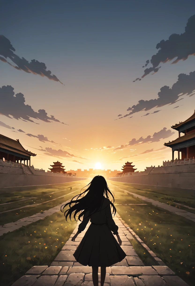 (masterpiece, top quality, best quality, official art, Beautiful and beautiful:1.2), contour，backlight，chiaroscuro，vignette，Cinema lighting，film grain,1 girl,模特拍照姿势站在ancient city房屋的顶端，flowing long hair，Gaze at the distant skyline，那Sunset余晖与古老的the forbidden city映造出一道美丽的风景，west wind blows girl&#39;Long hair on the ancient road，the forbidden city，Sunset，Sunset，cloud，fallen flowers，ancient city，dead tree，mottled，grassland，Silent and desolate，